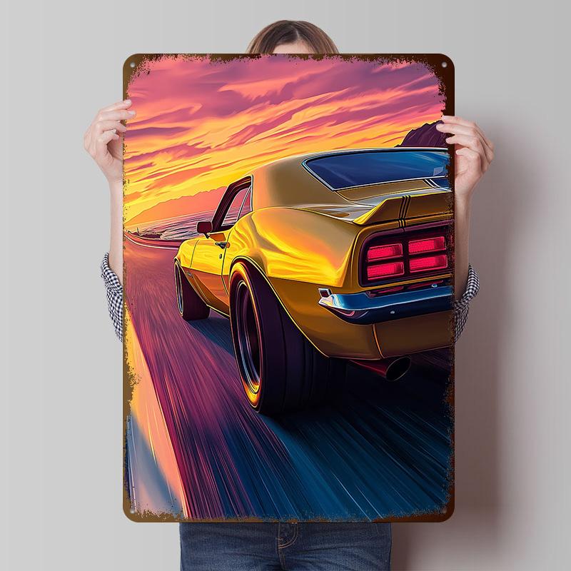 Classic Muscle Car Sunset Drive Printed Poster Customized Wall Art Retro Vintage Metal Tin Signs for Room Decoration Gaming Home 20x30cm(7.8x11.8inch)