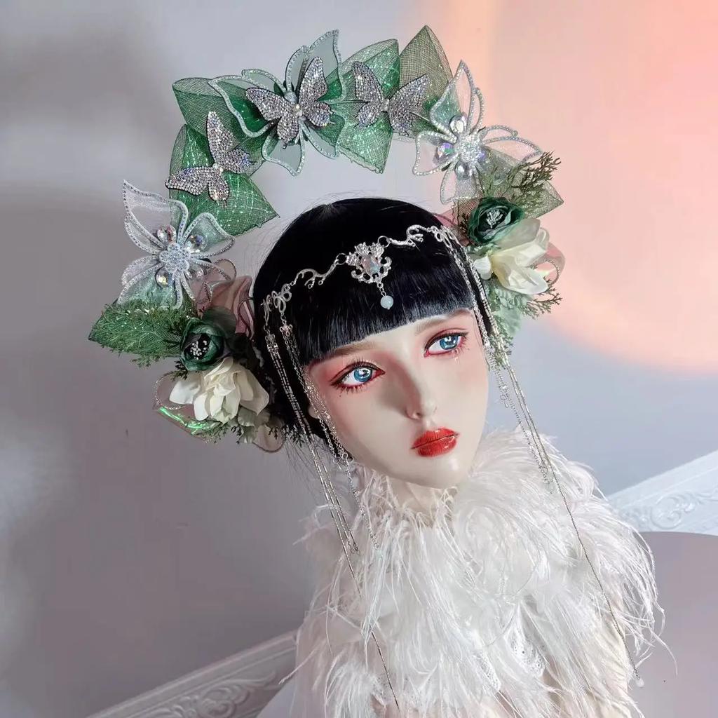 Lolita Fairy Butterfly Halo Crown Headpiece Bridal Wreaths Flowers Headband Women Girl Mermaid Princess Elf Cosplay Headdress