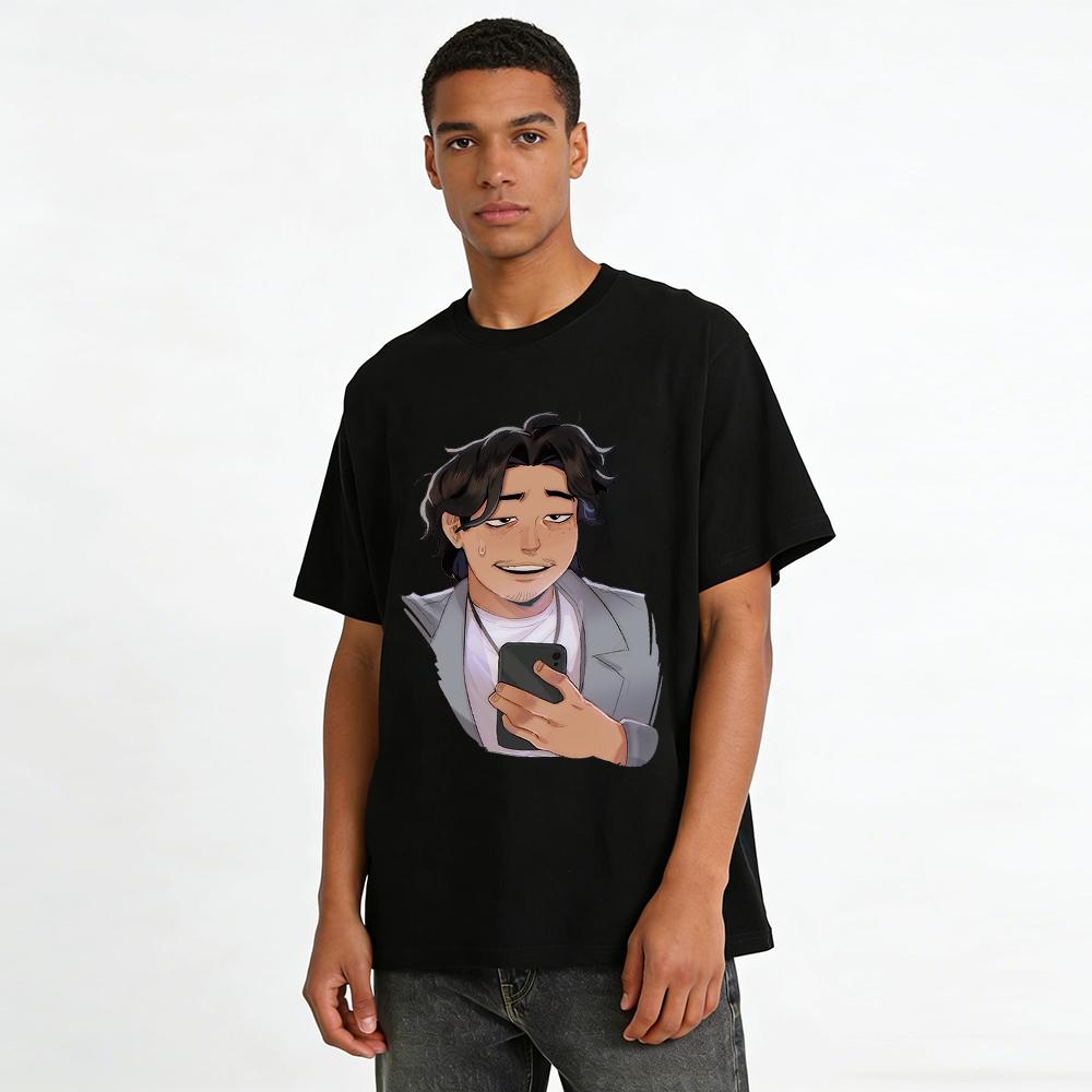 Sweaty Guy Looking at Phone Funny Print T-shirt Social Anxiety Resonate Casual Loose Fit Top Pure cotton T-shirt