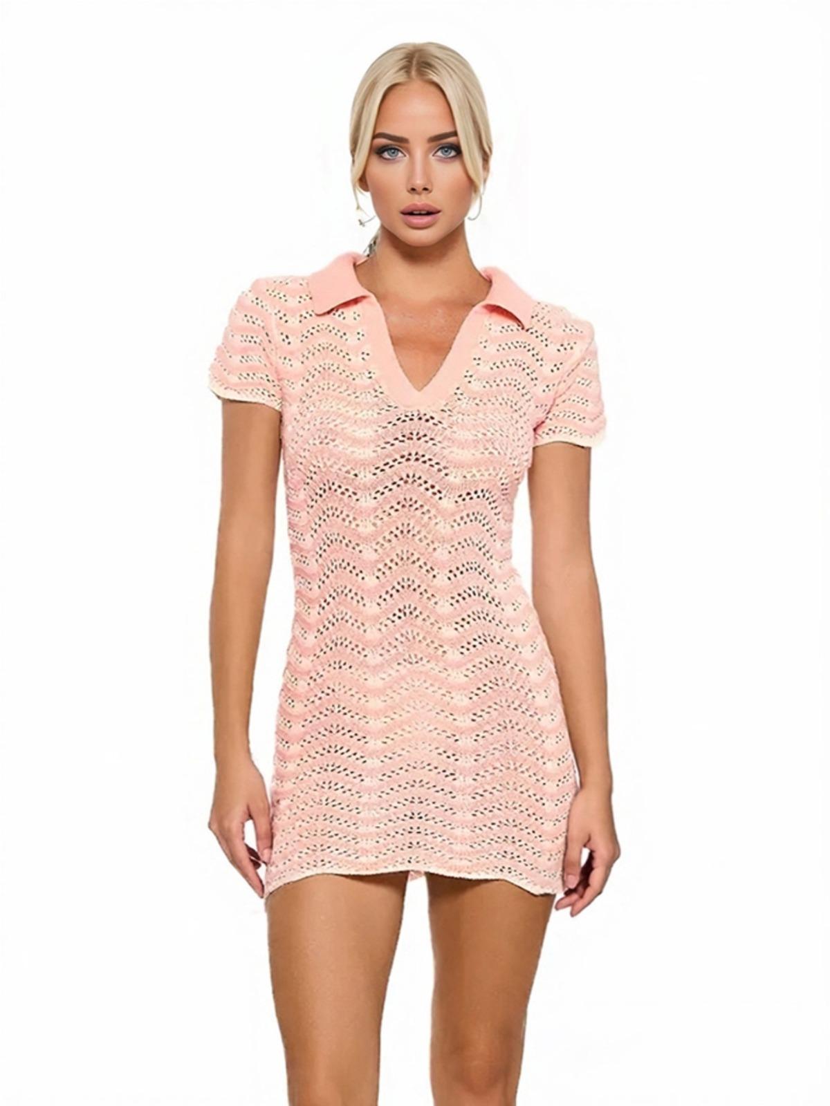 

Sexy Hollow Out V-neck Short Sleeve Striped Knit Beach Mini Dress 2025 Summer Women s Vacation Beachwear Swimsuit Cover Up K194 S різнокольоровий