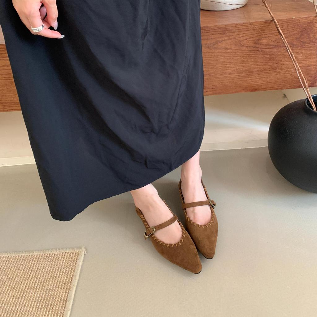 French suede light mouth low heel women's late evening breeze 2025 new spring and autumn pointed temperament word with Mary Jane single shoes