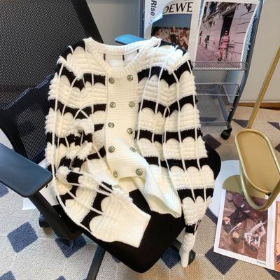 Knitted Cardigan Women's  Spring Autumn Gentle Style Tassels Loose Striped Sweater Coat