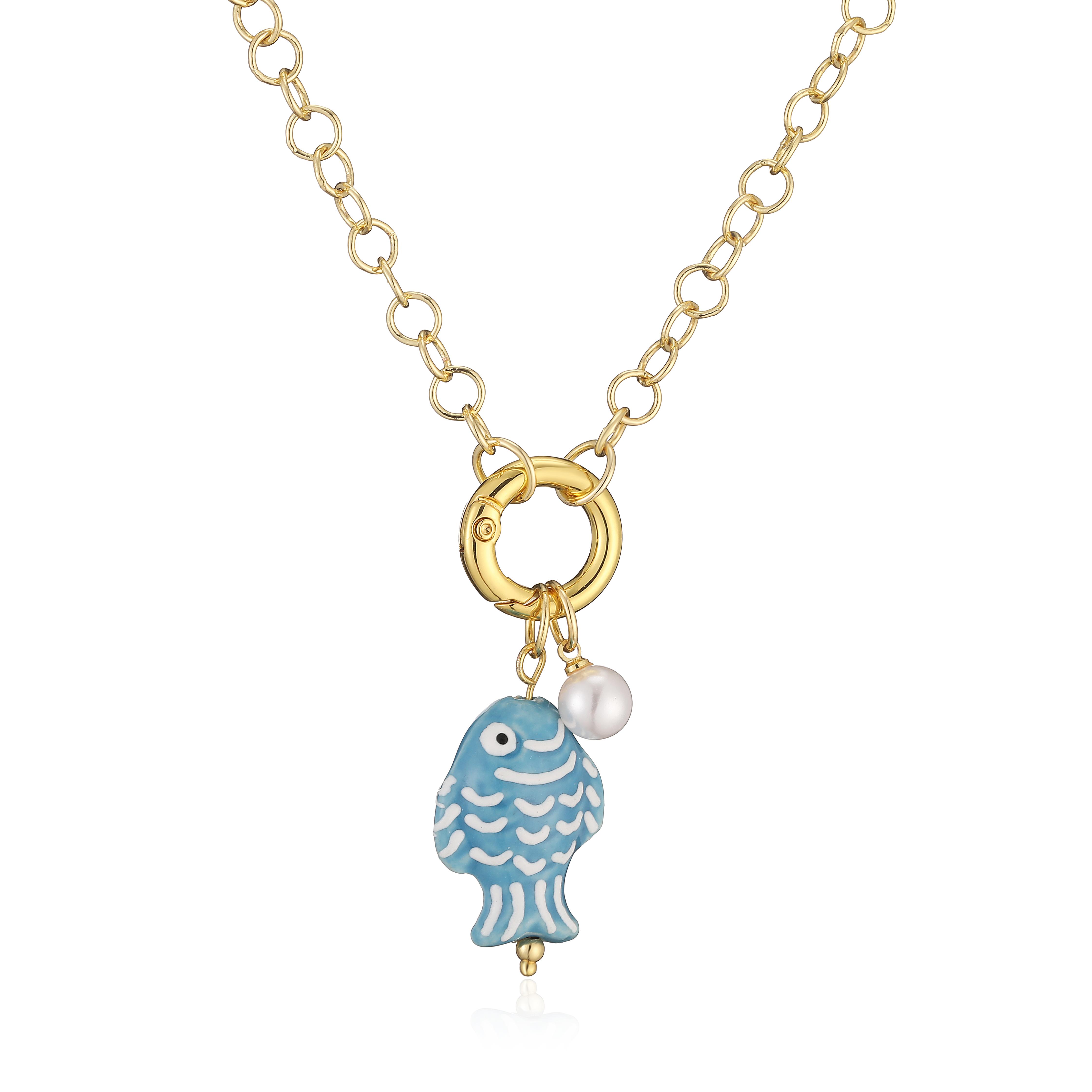 

Cute Cartoon Ceramic Fish Pendant Necklace for Women, 18K Gold Plated Brass Chain with Imitation Pearl Animal Clavicle Chain 56cm синій