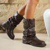 Retro Pu Leather Platform Ankle Boots Women Winter Buckle Belt High Heels Shark Boots Woman Thick Heeled Western Cowboy Shoes