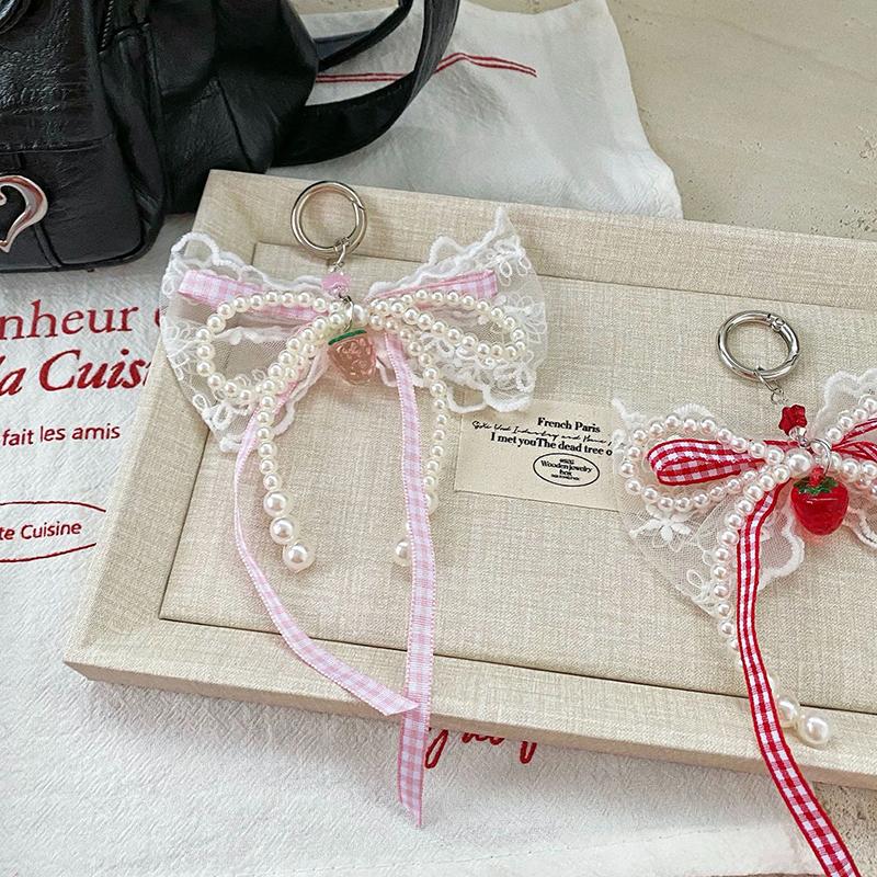 Sweet Lace Pearl Bow Keychain Pendant Car Keychain For Women Girls  Exquisite Backpack Decoration Accessories Gifts
