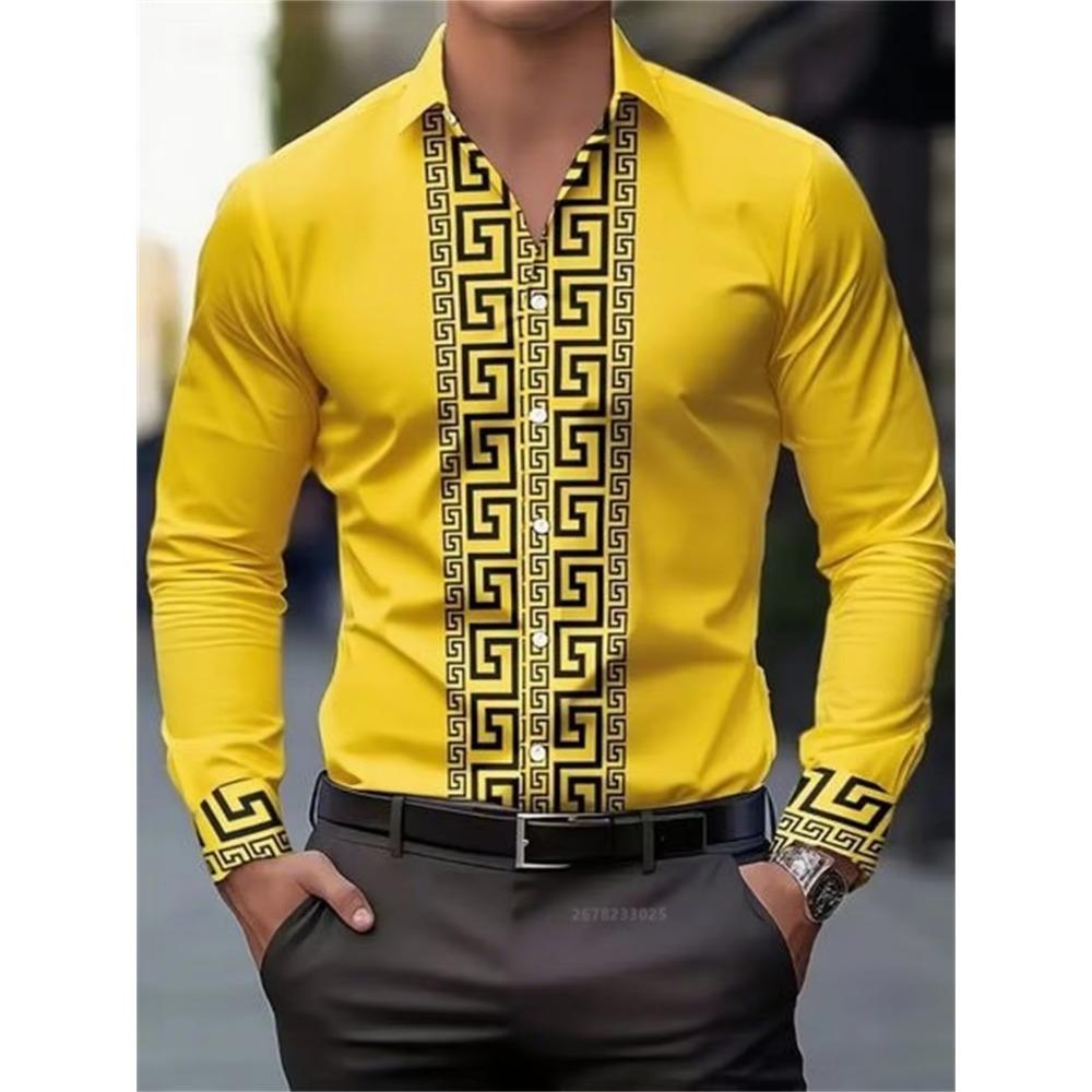 Men's Long-Sleeved Shirt with Pattern Design, Fashionable Lapel Button-Down Top, Versatile, Casual and Comfortable Men's Top