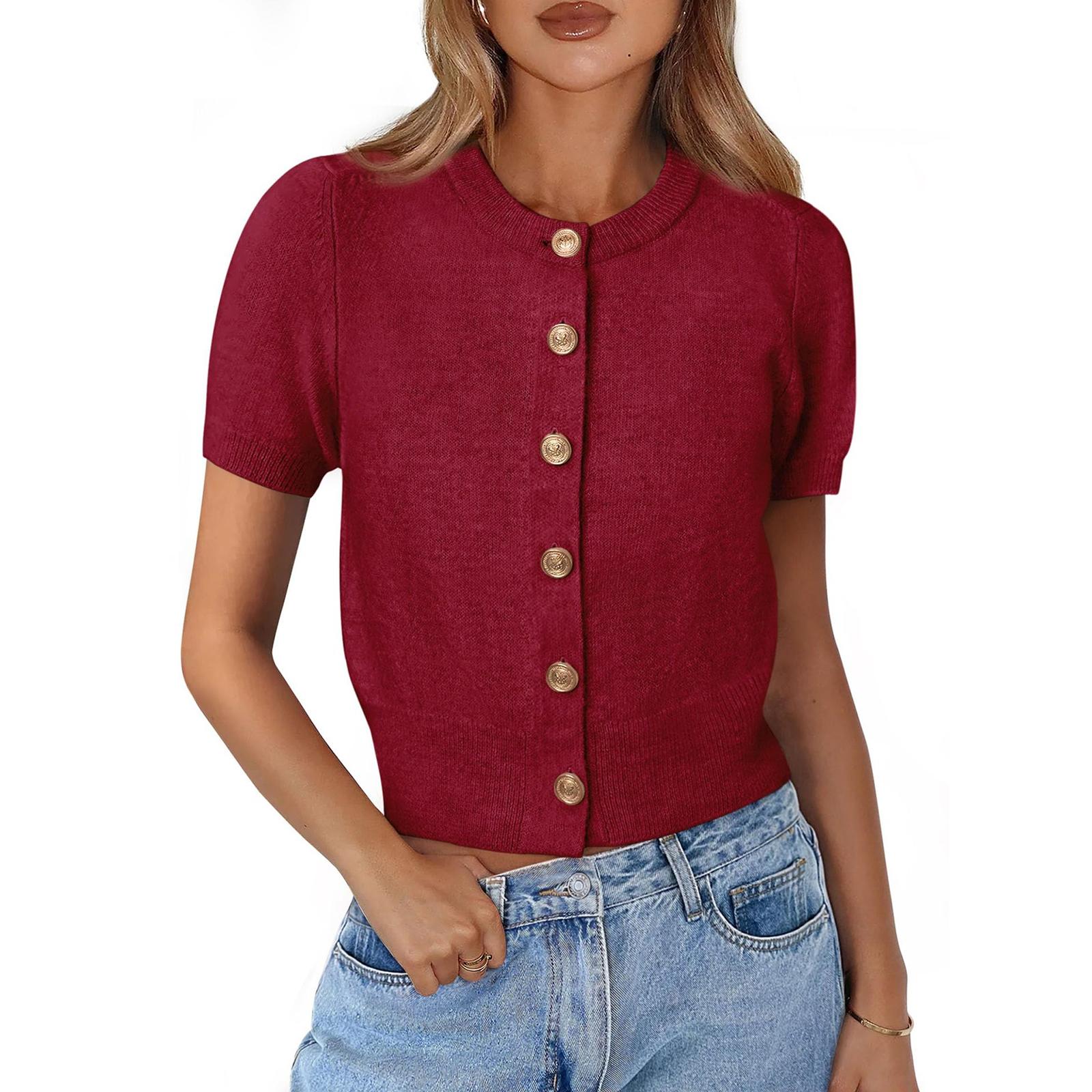 

Women s Short Sleeve Button Front Cardigan Crop Top Lightweight Knitwear Slim Fit Casual Sweater with Round Neck and Ribbed Hem S