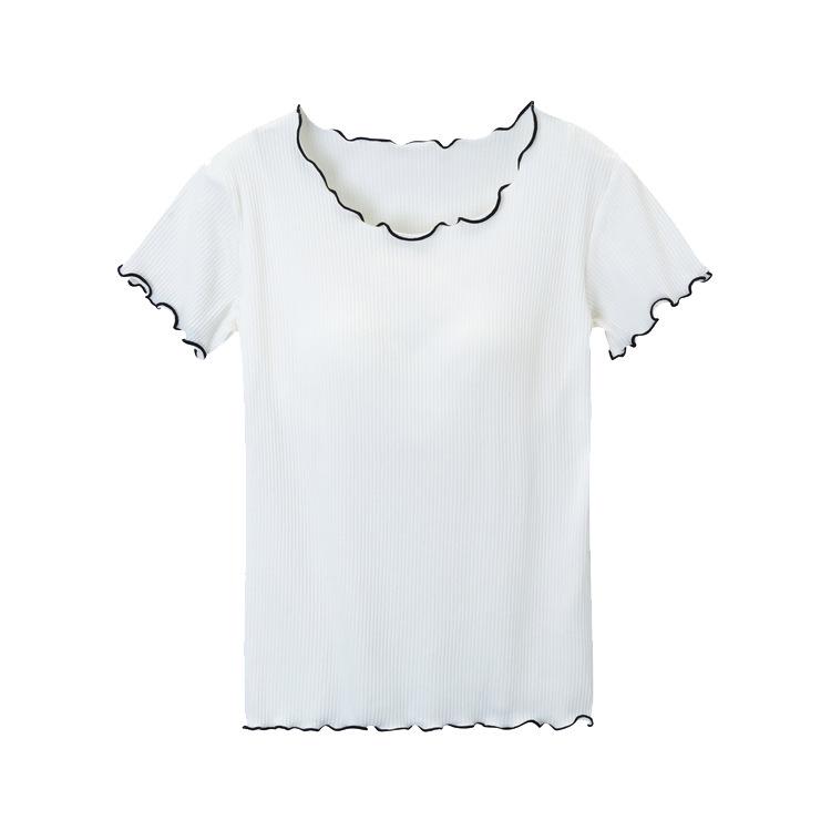 Ruffled Short-Sleeve Bra-Free T-Shirt with Integrated Breast Pads