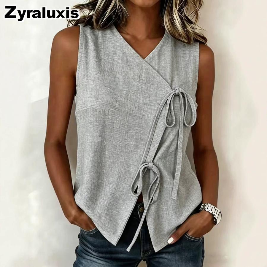 Women's Bow Tie Rouch Detail Summer V-Neck Sleeveless Top Fashion Backless Tank