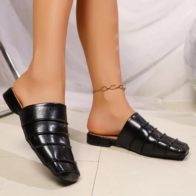 Fashion Baotou Semi-slippers Women Wear New Square Toe Deep Mouth Pleated Soft Sole Non-slip Low-heeled Shoes In Summer