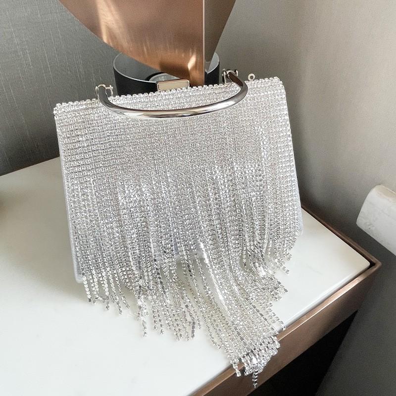 Elegant Rhinestone Kvast Kæde Håndtaske Kvinder Lille Firkantet Aften Clutch Taske Fest Cocktail Aften