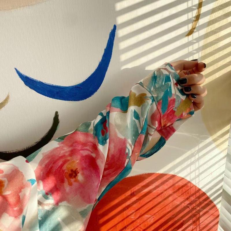 Korean-style Loose Textured Shirt with Ink Wash Printed Flowers High-end Floral Shirt with A Sense of Design