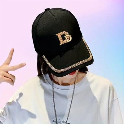 Letter D Rhinestone Baseball Cap, 100% Polyester, Adjustable Toggle Closure, Sun Protection, Casual Novelty Themed Cap