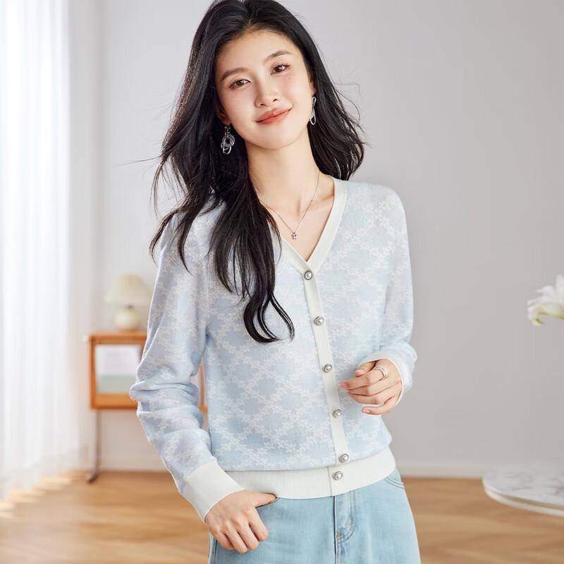 Women s V-Neck Wool & Silk Blend Diamond Knit Cardigan L