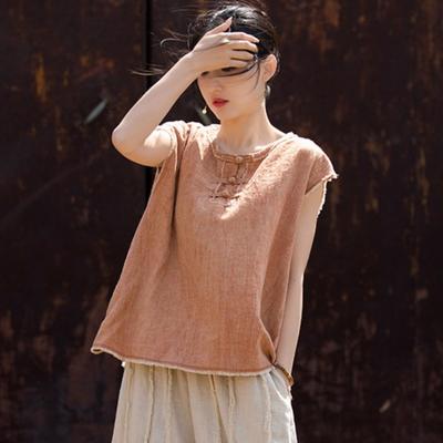 Women Chinese Style Tank Tops O-Neck Sleeveless Summer Button Tie-dye Women Tank Tops