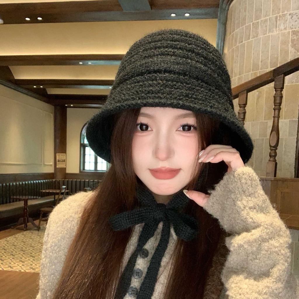 Autumn and winter versatile plush bucket hat women's warm windproof basin hat knitted hat breathable face small hat