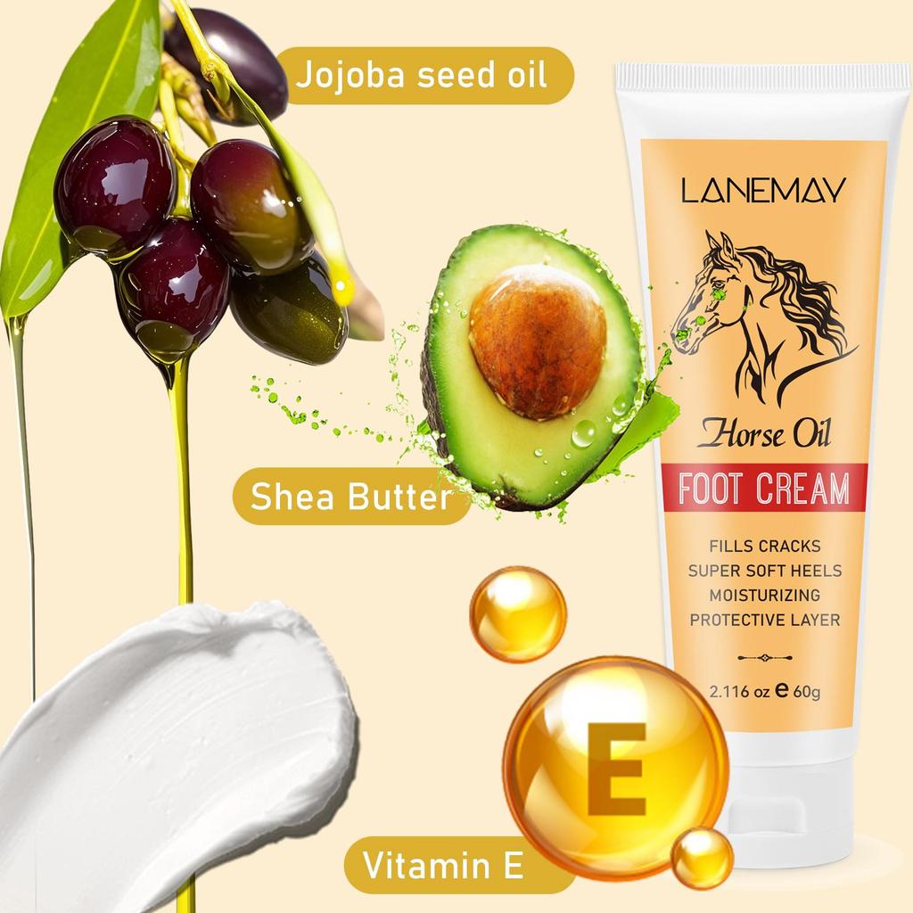 Horse Oil Foot Cream-Moisturizing protective layer-Fills cracks-Suitable for all Skin Types, 60ml