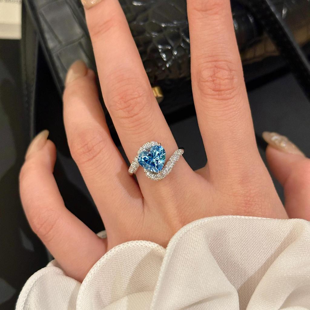 2026 Heart-shaped Sea Blue Full Ring Arm Zircon Open Ring Female, Niche Design Light Luxury Ring