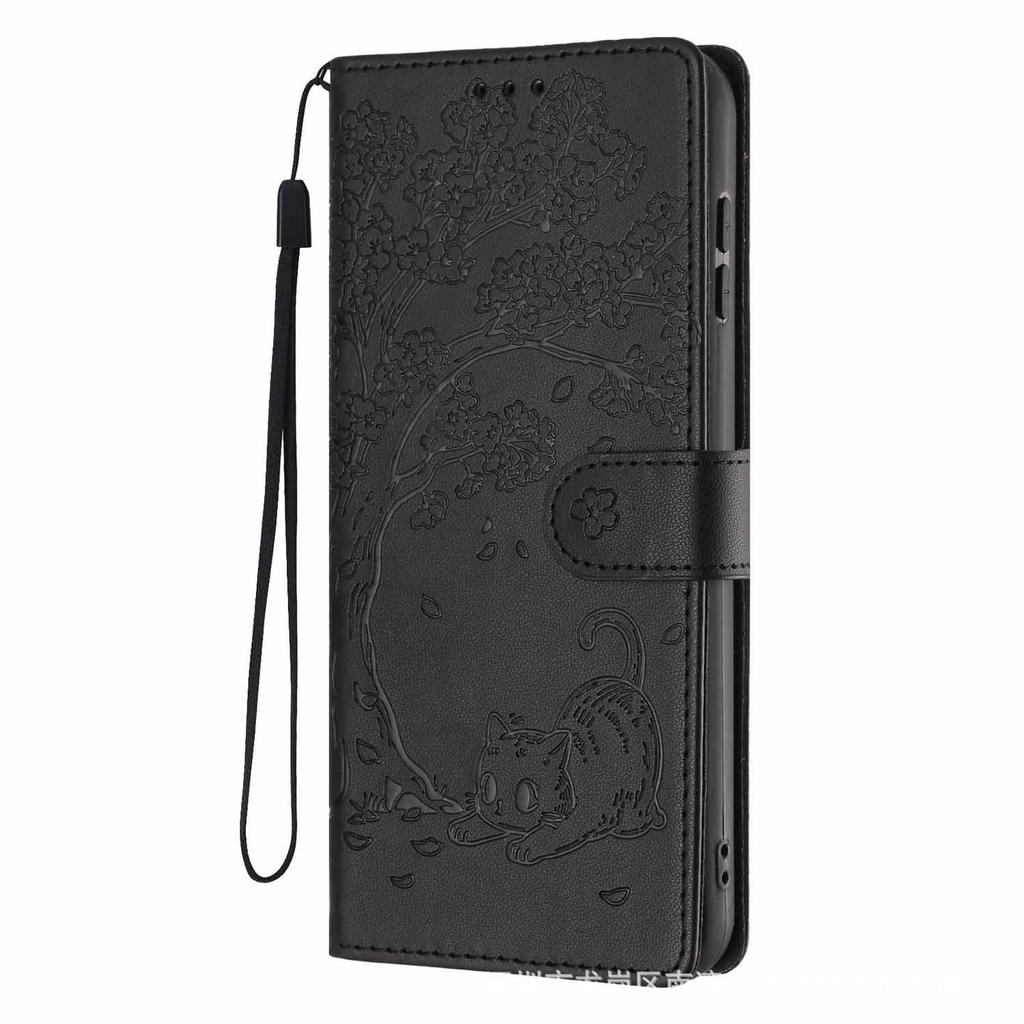 Applicable To iPhone17 Leather Case, Samsung S26 Tree Cat Pattern Card Wallet Protective Case Redmi K90 Solid Color