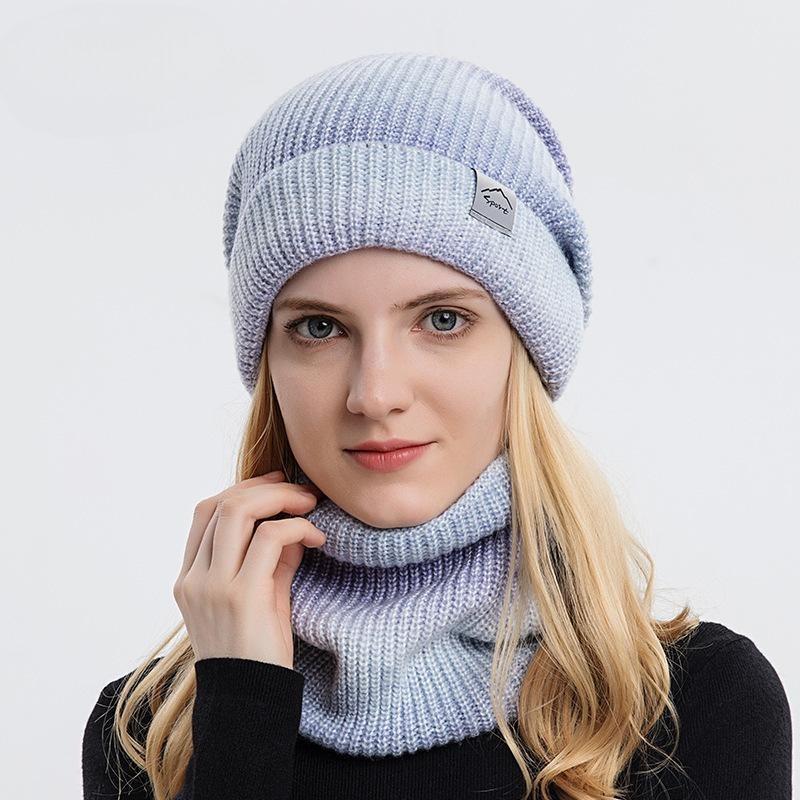 Hat autumn and winter Korean version gradual change color wool hat thickened warm ear protection cold knitted hat two-piece set