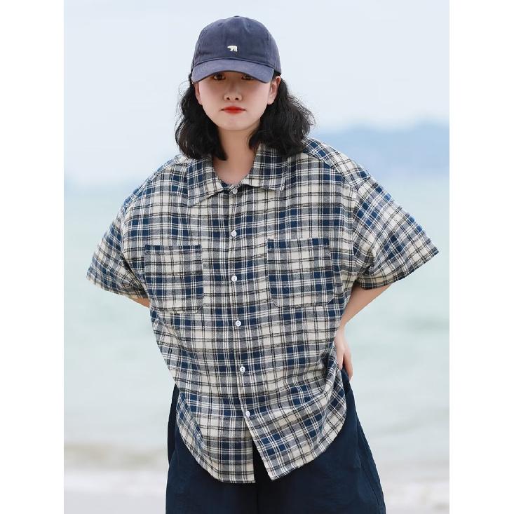 Retro Kariertes Hemd Herren Kurzärmliges Trendiges Lässiges Vielseitiges Hemd Hongkong-Stil Frühling und Herbst Rowdy Gutaussehendes Inch Jacke