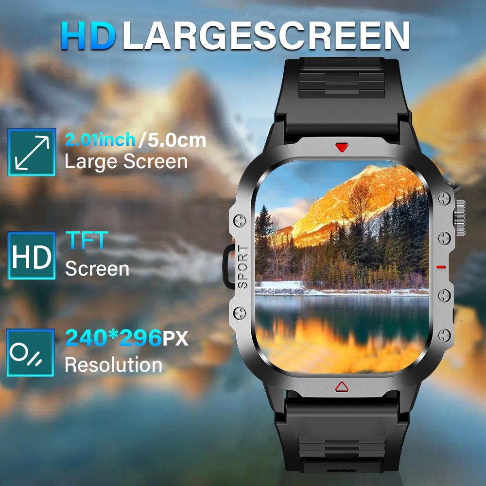 Outdoor-Sport Smartwatch 2,01 Zoll HD-Bildschirm LED-Taschenlampe Bluetooth Sprech-Smartwatch für Männer Frauen Weihnachtsgeschenke