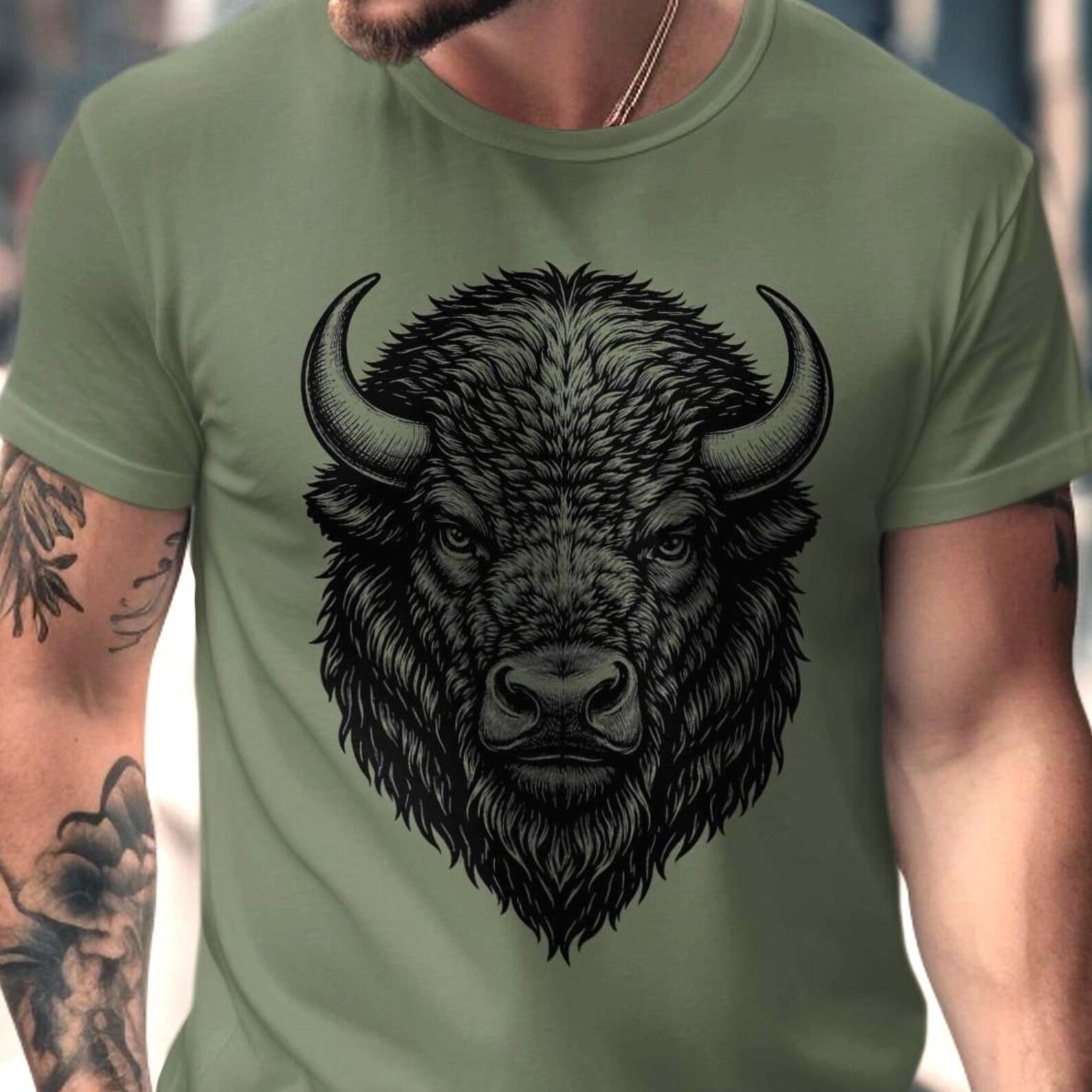 Bison Face | Black Stencil Bison Tee | Tattoo Style Buffalo Head Graphic Tee | Gift For Bison Lover M