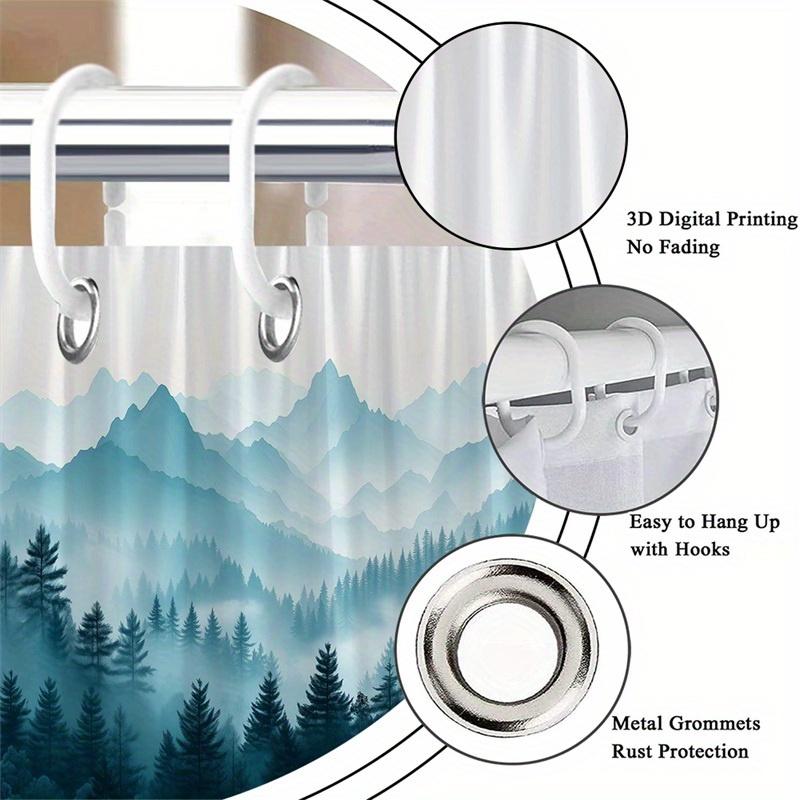 1 Realistischer Berglandschaft Duschvorhang - Kiefern, neblig blaue Berge Design, Polyestergewebe, maschinenwaschbar
