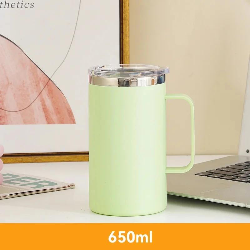 Stainless Steel Water Bottle Protable with Plastic Lid and Handle Double Layers Coffee Milk Cup Insulated Vacuum for Office Work