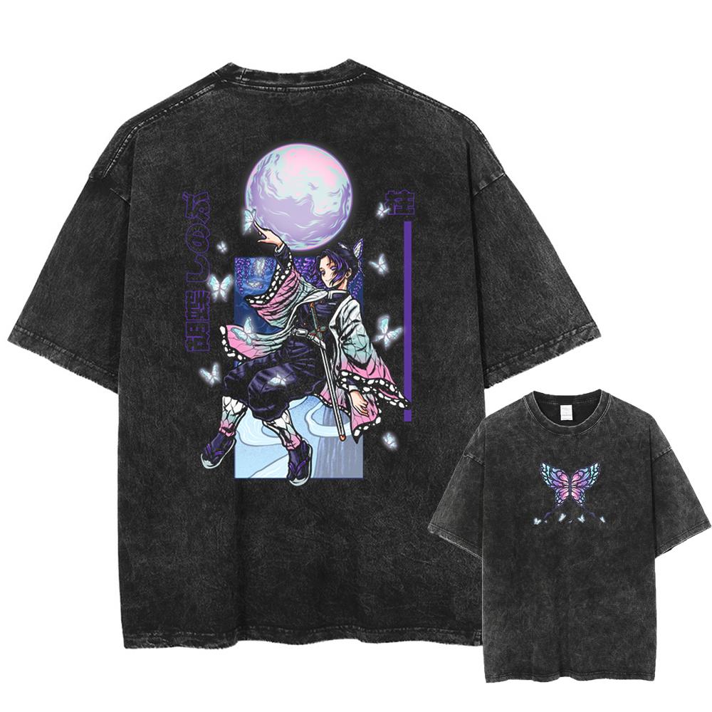 Men Streetwear Summer Rengoku Kyoujurou Top Tee Harajuku Anime Demon Slayer Printed T-shirt Vintage Washed Oversized Tshirt