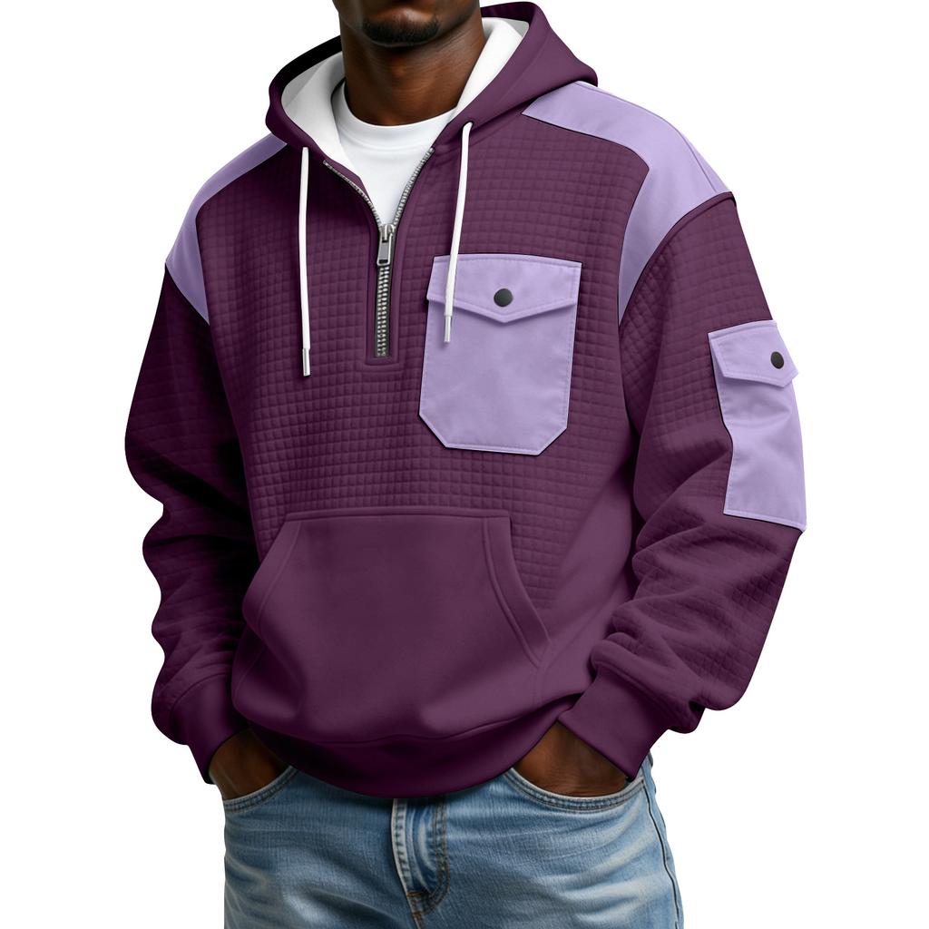 Men's Winter Color Blocked Button-Down Collar Multi-Pocket Hoodie Men's Sports Plus Size Casual Sweatshirt