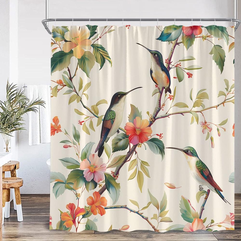 Hummingbird Shower Curtain Bird Animal Flower Floral Plant Classical Bathroom Decor Spring Polyester Bathtub Curtain With Hook