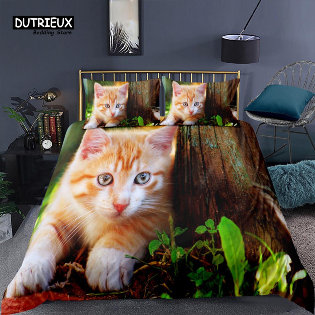 Colorful Cat Bedding Set For Kids Girls Boys 2/3pcs Cute Cat Duvet Cover Set King Microfiber Animal Comforter Cover Pillowcases