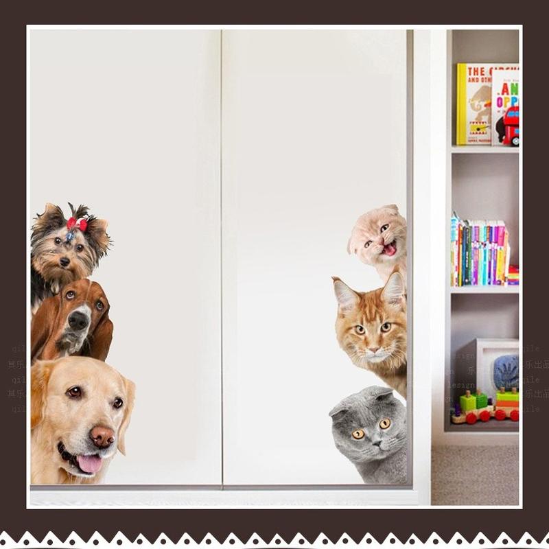 Dogs Cats 3D Wall Sticker Cartoon Animal Art Decal Door Window Wardrobe Fridge Decorations for Kids Room Home Decor