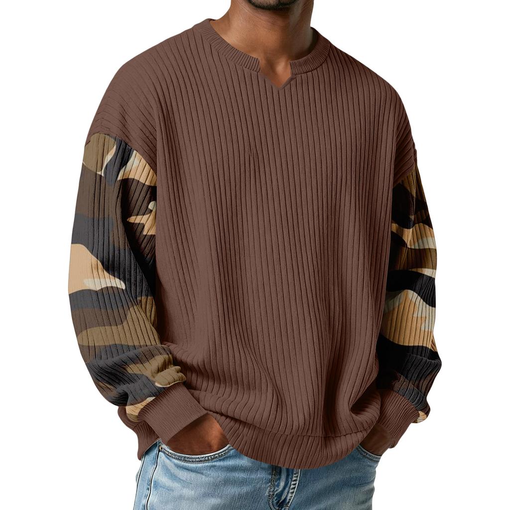 Herren Camouflage Stilvolles V-Ausschnitt Geripptes Strukturiertes Langarm-T-Shirt