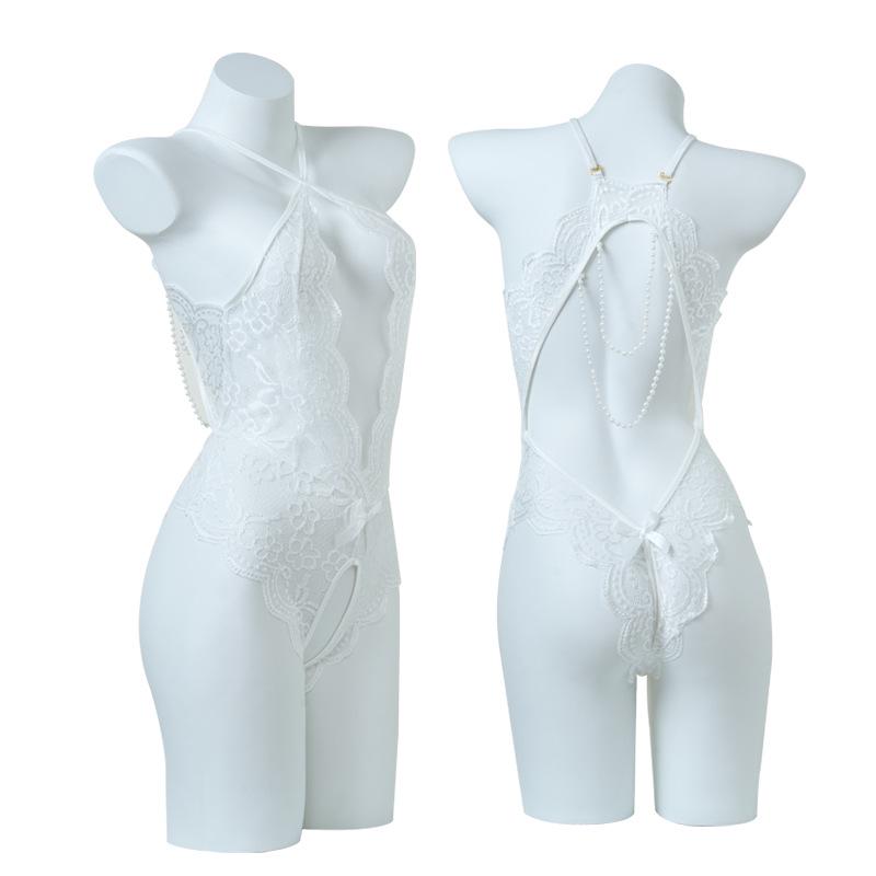 Women's Open Crotch See-Through Lace Bodysuit with Pearl Detail