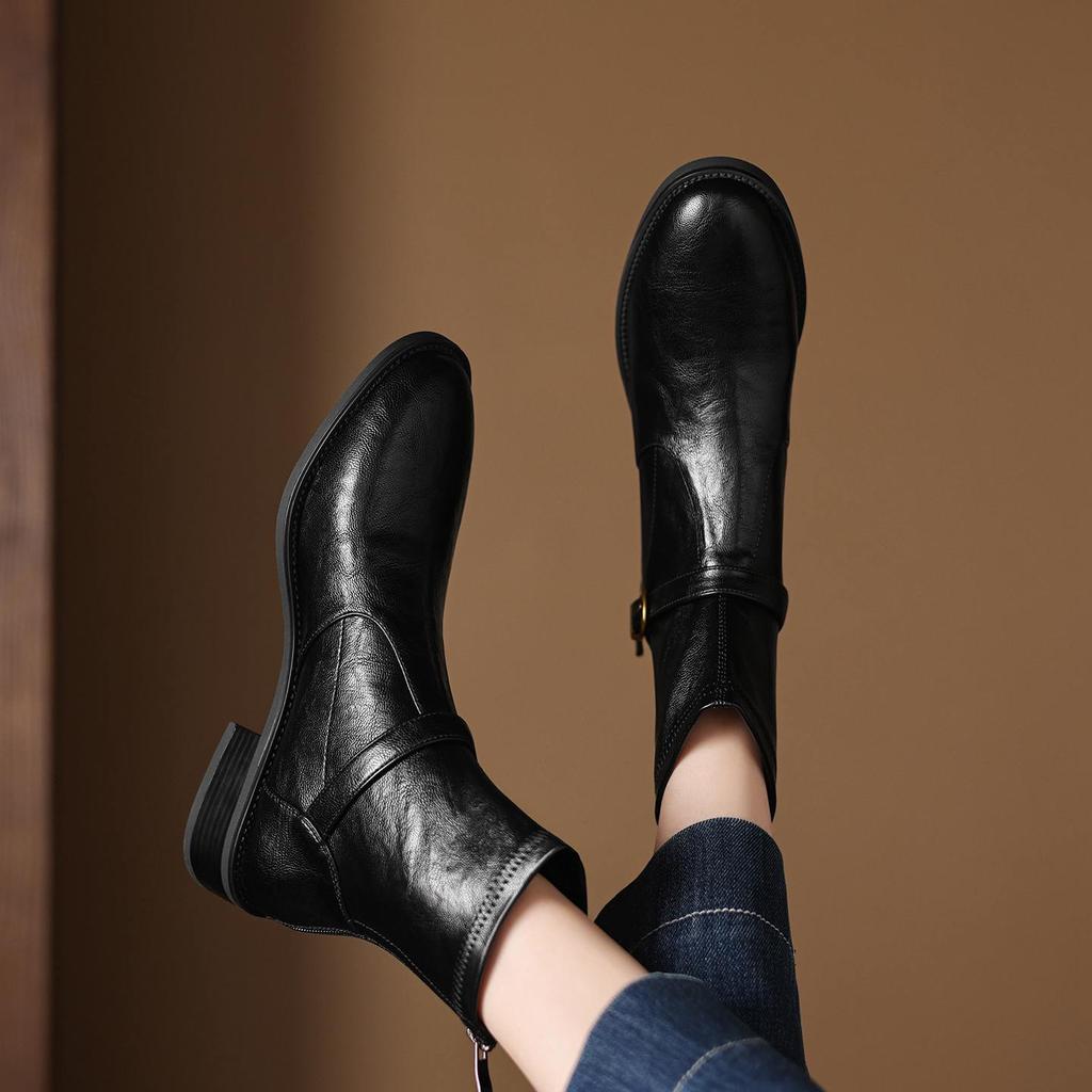 Krazing Pot Microfiber Winter Round Toe Western Boots Med Heels Zipper Women Metal Buckle British School Ankle Boots