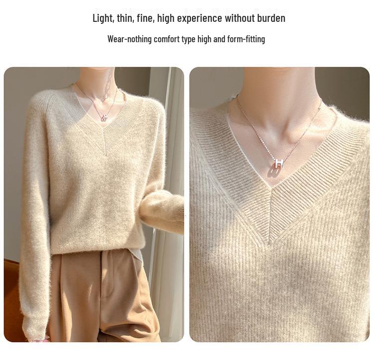 Women's Large V-Neck Cashmere Wool Sweater: Solid Color, Loose Fit, Soft Knitted, Thickened for Autumn & Winter.