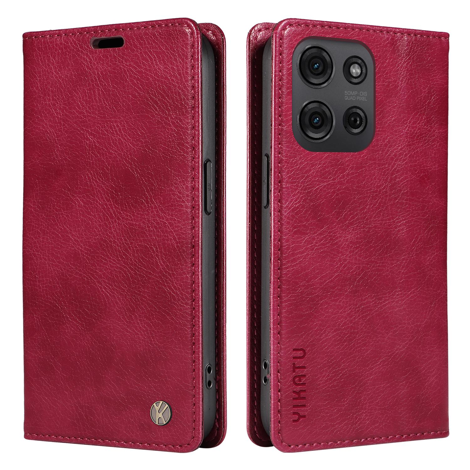 

YIKATU YK-006 для Motorola Moto G75 5G чехол с магнитной застежкой кожаный чехол для телефона текстура личи Wine Red