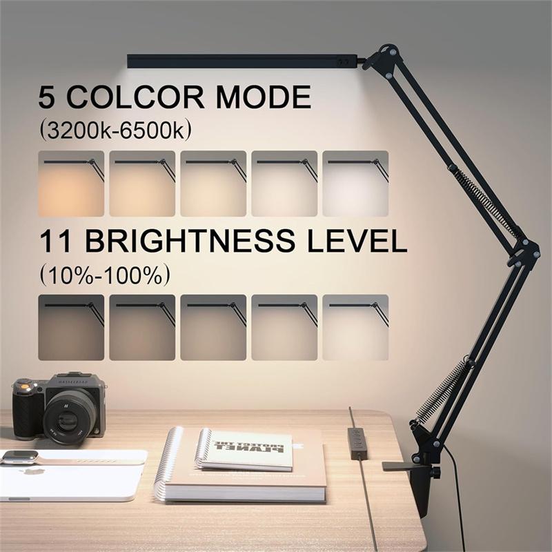 LED Desk Lamp for Home Office, Clamp-On with 5 Light Modes & Auto Shut Off , Eye-Caring Lighting for Study/Bedroom/Computer Desk