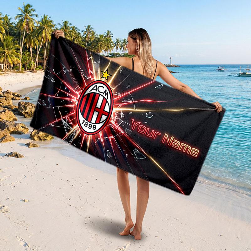 AC Milan Custom Beach Towel, Personalized Name Text Print, Football Logo Soft Quick‑Dry Towel Holiday Gift