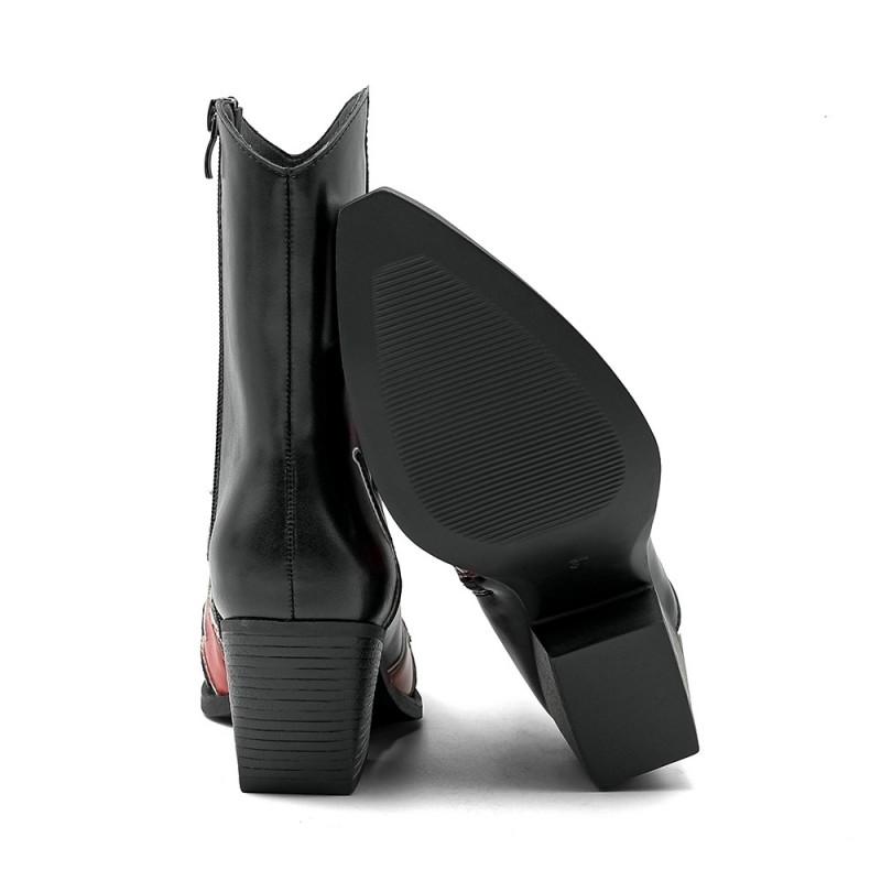 Womens Pointed Toe Chunky Heel Mid-Calf Fashion Boots In Colorblock Design PU Upper With Side Zip Size 36-41