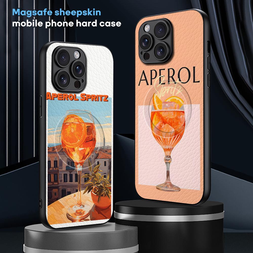 Custodia Arancione per Telefono Cocktail Aperol Spritz Per iPhone 16 15 14 13 12 11 Plus Pro Max Lusso di Alta Gamma Magsafe Pelle di Pecora