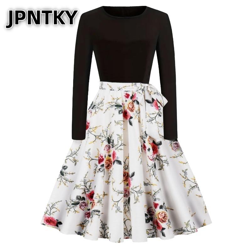 JPNTKY Fashion Spring Autumn Long Sleeve O-Neck Casual Dresses