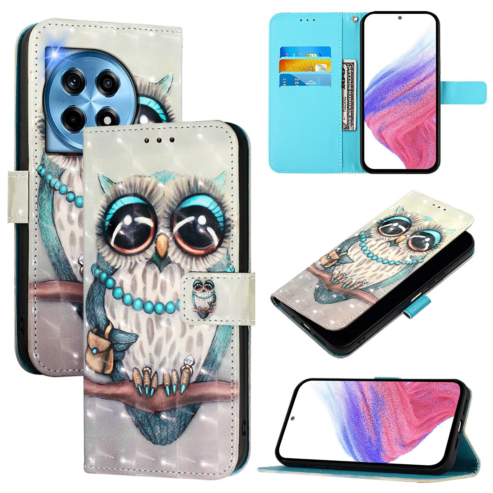 

For OnePlus 12 5G Leather Case Pattern Printing Wallet Stand Mobile Cover with Strap Grey Owl
