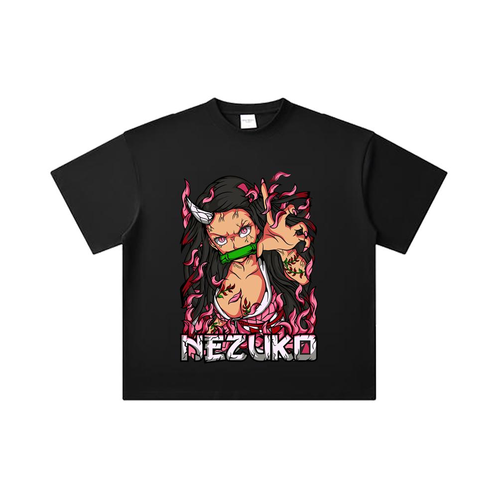 260 GSM Double Yarn 32 Count 100% Cotton Demon Slayer V73 Nezuko Print Unisex Heavy Cotton T Shirt