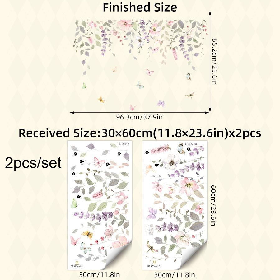 2pcs Pink Flower Butterfly Pattern Plant Wall Stickers Removable Decals Bedroom Living Room Bathroom Wall Decor Home Aesthetics