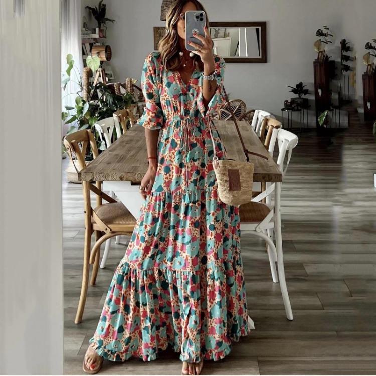 Elegant Vacation Swing Style 2025 New Summer Women V Neck Printed Long Dress