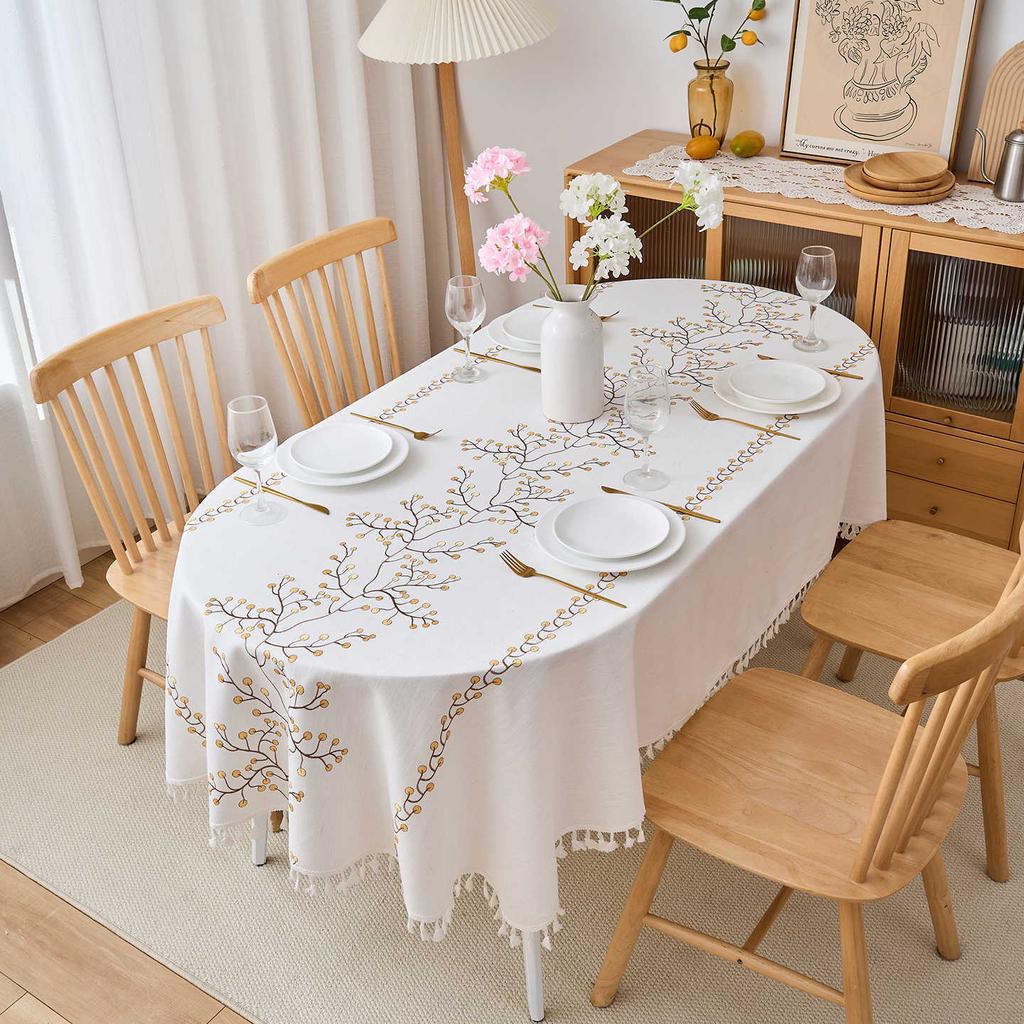 Oval Cotton And Linen Embroidered Fabric, High-Grade Tablecloth, Waterproof And Oil-Proof, Advanced Sense, Anti-Scalding And Wear-Resistant Coffee
