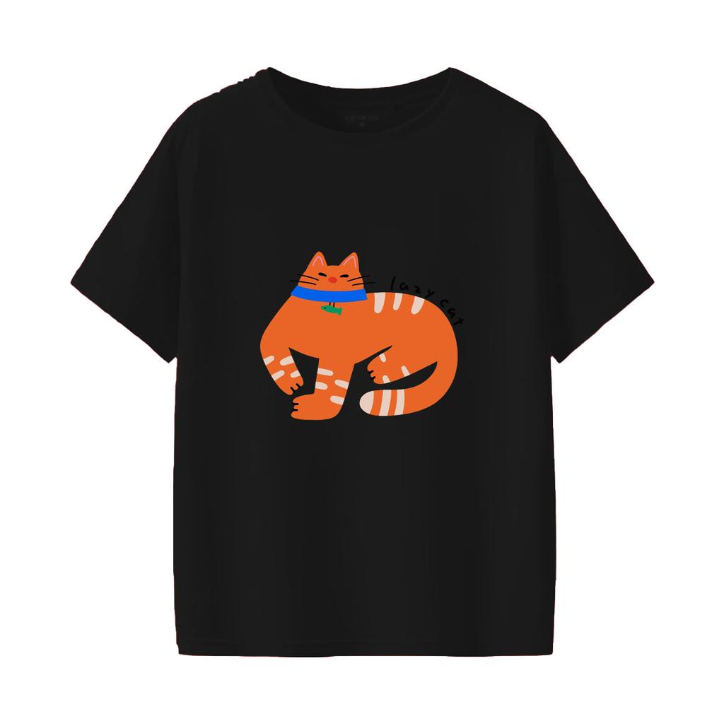 Cartoon-orange Katze bedrucktes kurzärmeliges Rundhals-Damen-T-Shirt für Frühling und Sommer vielseitiges Damen-T-Shirt
